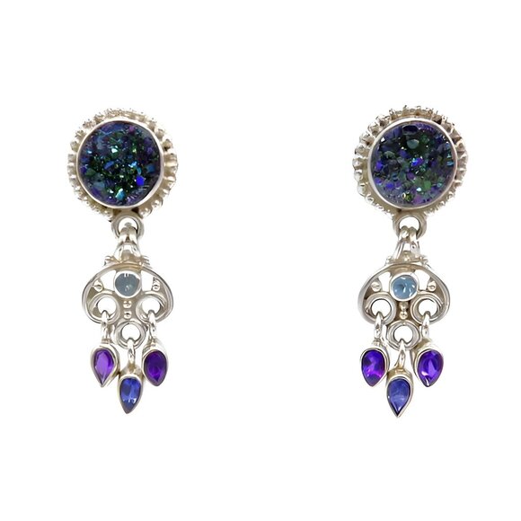 Sajen Sterling Silver Druzy Aquamarine Amethyst & Tanzanite Dangle Drop Earrings - Picture 9 of 9